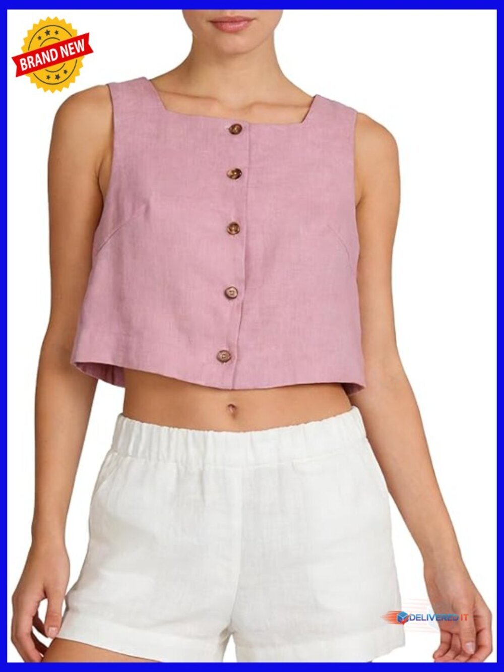 100% Linen Square Neck Sleeveless Crop Top Button Down